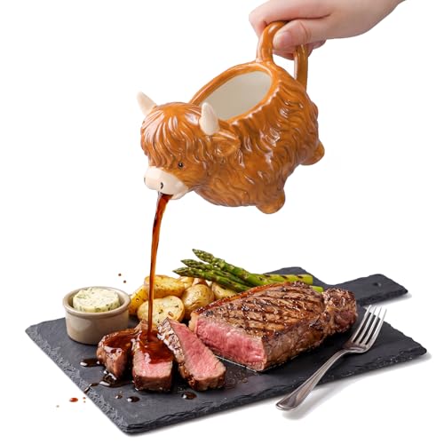 Hushee Ceramic Highland Cow Gravy Boat Farmhouse Sauce Jug with Handle
