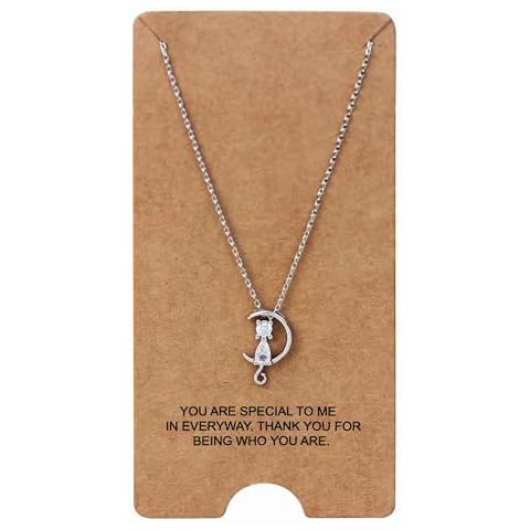 WRISTCHIE Sterling Silver Jewelry Dainty Cute Cat On Moon Pendant Necklace 18" (C3) Cover