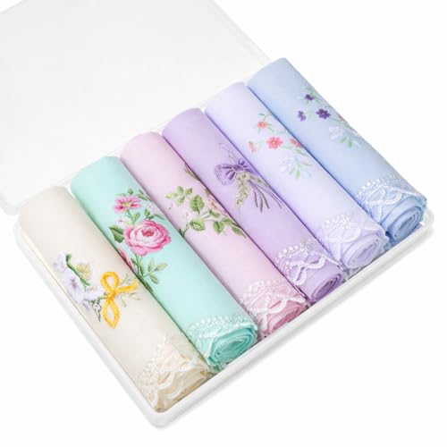 6 Pcs Womens Handkerchiefs Cotton Ladies Handkerchiefs Vintage Floral Embroidered
