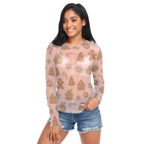 Christmas Gingerbread Candy Pink See Through Tops for Women Mesh
