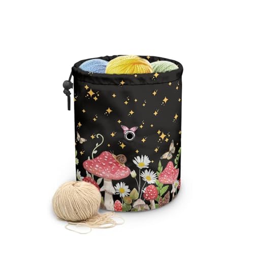 Image of Sellikakes Yarn Bag Crochet Storage Organizer with Drawstring, Mushroom Daisy Crocheting Storage Bag Organizer Yarn Holder for Crocheting Project Store Skein Ball, Short Knitting Needle