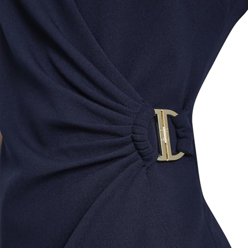 Image of DKNY Women's Sleeveless V-Neck Ruched D Buckle Hardware Faux Wrap Dress