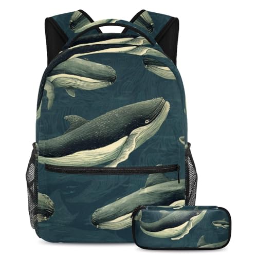 Cartable motif baleines peintes à la main grand sac à dos et trousse pour étudiants