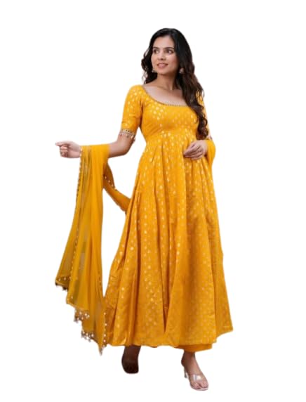 Women's Dola Silk Jacquard Butti Gown with Soft Micro Cotton Fancy Lace & Mirror Work Dupatta | Organza Silk Lace Dupatta | Ethnic-picture-18
