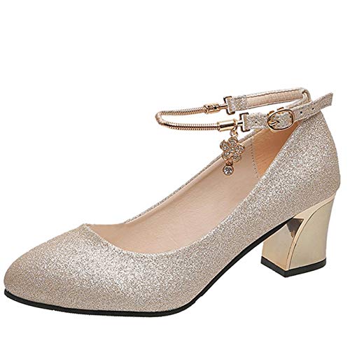 TEEL ONG - Sandalias Mary Jane para mujer, con hebilla de tobillo ajustable, con colores sólidos para mujer, tacón alto, medio para uso diario de negocios, oficina, color Dorado, talla 39 EU