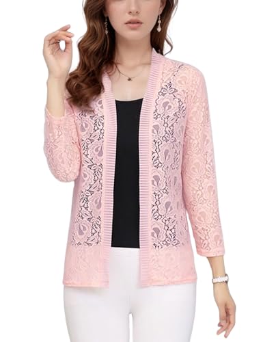 Image of FindThy Women's 3 /4 Sleeve Lace Cardigan Long Sleeve Open Front Floral Crochet Shrug Cover Up