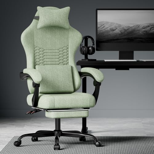 Gaming Stuhl Bürostuhl Stoff mit Fußstütze, 135° verstellbare Rückenlehne, Lordosenstütze & gepolsterte Armlehnen, ergonomischer Schreibtischstuhl für Home Office & Spielen(Grün)
