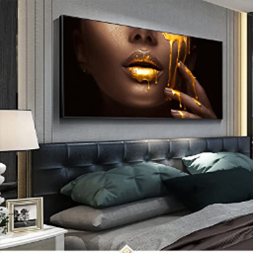 Peinture affiche photo visage de femme art mural abstrait doré et bleu nordique