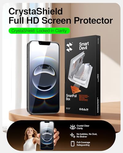 Image of SMARTDEVIL 2 Pack for iPhone 16e /14 /13Pro /13 Screen Protector | Tempered Glass, SmartPull Box Bubble-Free Instant Install Applicator, 9H Military-Grade Protection, Case-Friendly