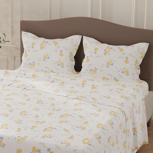 Image of Layers 100% Cotton Bedsheet for Double Size Bed | Lumina Floret Collection | 144 TC Soft & Breathable | Floral Print with 2 Pillow Covers | Wrinkle Free | 3 Pc Bedding Set - White & Yellow