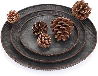 BSTKEY Set of 3 Industrial Farmhouse Style Metal Iron Serving Tray, Decorative Round Table Tray Tin Glitzhome Galvanized Storage Plate, 3 Sizes Diameter 25CM+20CM+16CM