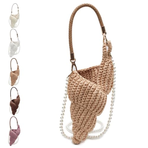 Handwoven Fashion Seashell Bag,Boho Clutch with Pearl Strap,Crochet Beach Bags with Leather Handle & Premium Hardware