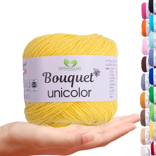 MeriWoolArt Bouquet Baumwollgarn Gelb – 100% Baumwolle – Häkelgarn & Strickgarn – 100g, 200m – Ideal für Tücher, Babydecken, Amigurumi, Sommerkleidung & Wohnaccessoires