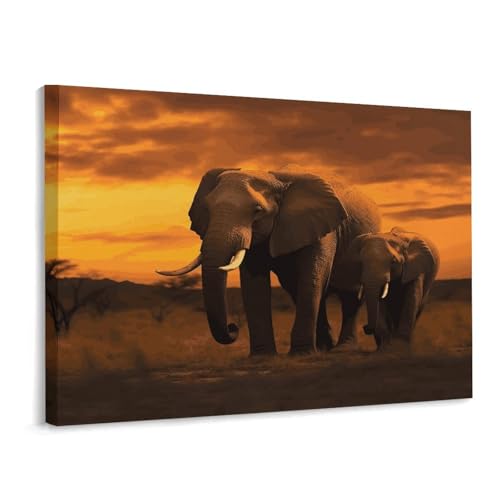 Toile éléphant parent-enfant au coucher de soleil, tableau déco symbole de famille