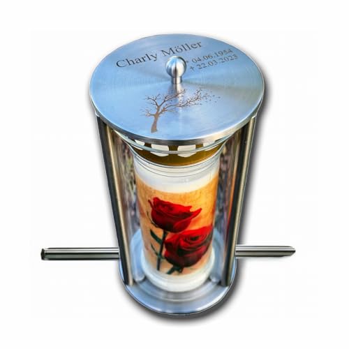 Grablaterne mit optionaler Gravur inkl. 7-Tage-Kerze – Wetterfeste Edelstahl Grablampe, Grablicht mit Erdspieß, Grabschmuck Outdoor