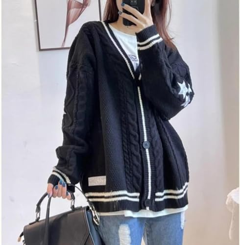 MOLERFO Women's Y2K Star Embroidery Cardigans Open Front Long Sleeve Knit Sweater Oversize Button V-Neck Cardigan3