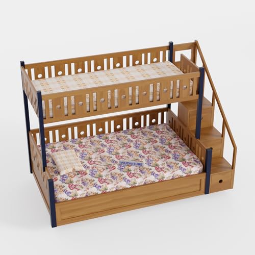 Image of Wudniture Solid Sheesham Wood Bunk Bed for Kids and Adults with Storage (Brown and Blue 02 166)