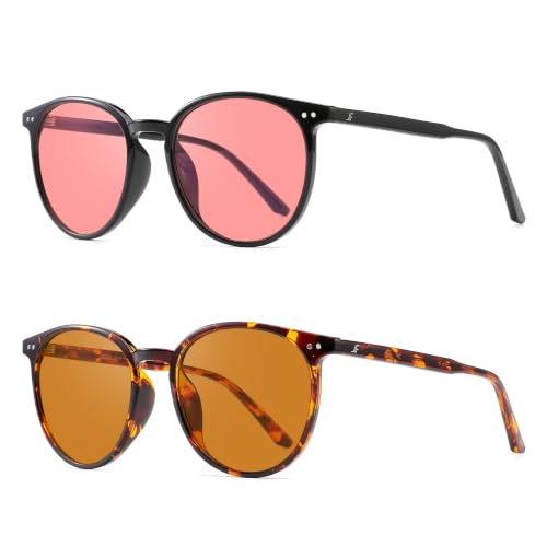 Image of 2 Pack Indoor Fluorescent-41 Pink & Outdoor Fluorescent-60 Brown Round Tinted Blue Light Blocking Glasses for Migraine, Light Sensitivity, Photophobia & LED Gaming Computer Screen Glare RF6213