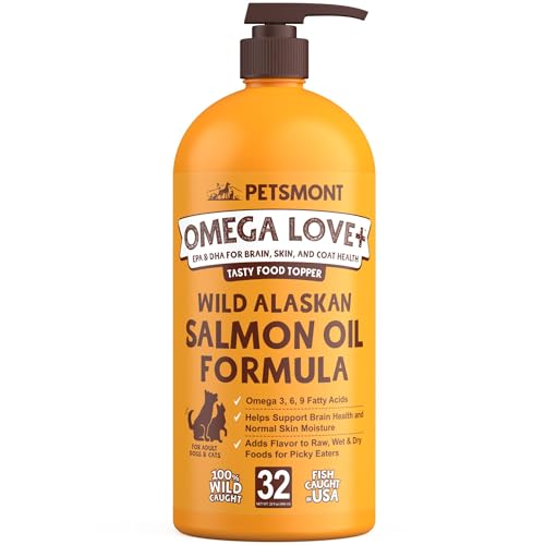 Petsmont Omega Love+ Wild Alaskan Salmon Oil for Dogs Formula 32 oz – Fish Omega Liquid Pump Cats Supports Joint Function Immune Heart Health Food Supplement Pets Natural EPA DHA Fatty Acids