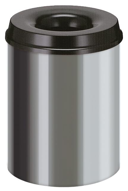 PROREGAL Selbstlöschender Papierkorb & Abfallsammler aus Edelstahl | 15 Liter, HxØ 36x25,5cm | Silber, Kopfteil Schwarz