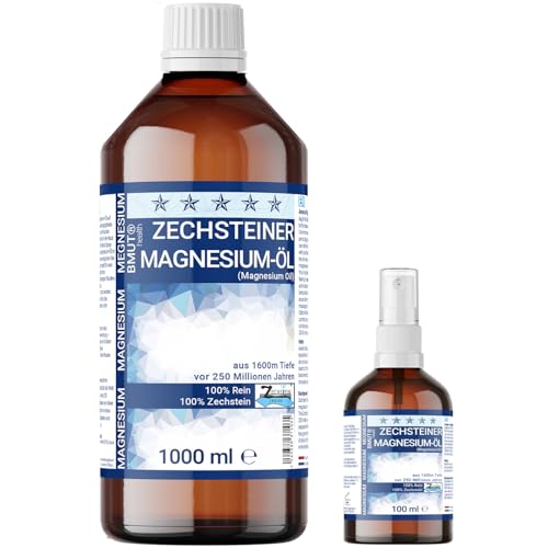 1000 ml d'huile de magnésium + 100 ml de spray Premium | 100 % Zechstein | Pour massage de la peau, sport et relaxation musculaire | Vaporisateur d'huile de magnésium