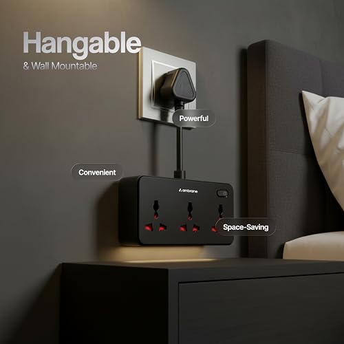 Image of Ambrane 7-in-1 Extension Board, 2 USB, 2 Type C, 3 AC Sockets 2500W, Perfect for Compact Spaces, Charge 7 Devices from 1 Socket, Hangable Cable Design, Works with All Devices (Smartstrip 5, Black)