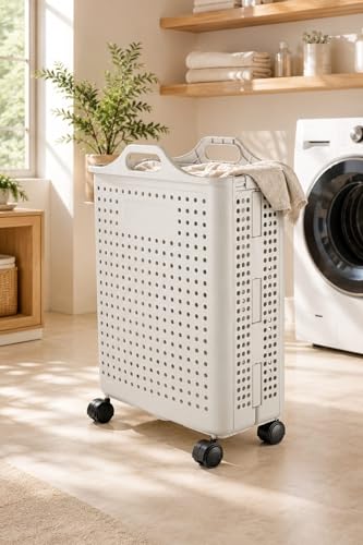 Image of Dillard's Plastic Laundry Hamper on Wheels, White, Foldable with Handles, Rolling, Modern, 30 Litres