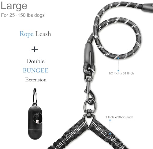 Dog Leash, Double Dog Leash for Two Dogs, Heavy Duty Adjustable Dual Dog Leash No Tangle, Bungee Retractable Split Multiple Leash for Walking 2 Dogs, Dog Poop Bags Trip Essentials (5.5FT-1/2”, Black) - Image 3