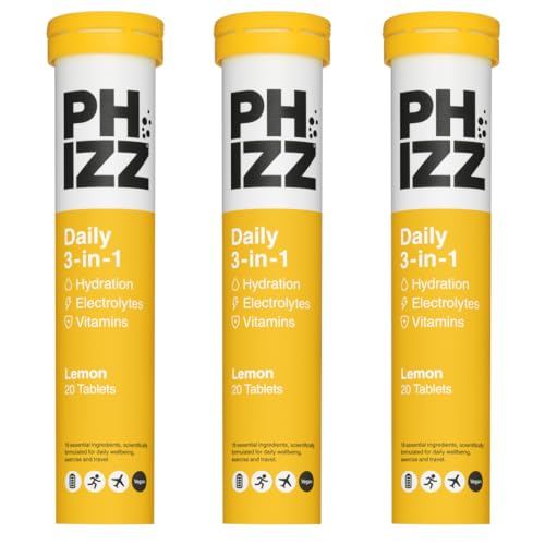 Phizz Electrolitos, Multivitaminas e Hidratación Efervescente Comprimidos - 18 Vitaminas y Minerales, Vitamina C, Añade a tu Botella de Agua y Bajo en Calorías (60 Pastilla, Citron)