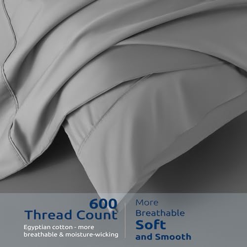 Shilucheng 100% Cotton Queen Size Duvet Covers - 600 Thread Count, Luxury Sateen Weave Egyptian Cotton Comforter Cover with Zipper Closure & Corner Ties,Hotel Bedding Duvet Covers 3 Piece (Grey)
