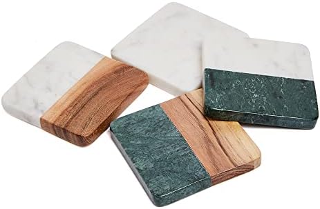 Lexi Home Green/White Genuine Marble & Wood Coasters, Round Coaster Set for Coffee Bar & Kitchen Table, Drinks Holder, Holds Standard Tea Cup, Mug, Wine Glass, & More, Modern Home Decor (4 PK x 4 in)