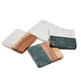 Lexi Home Green/White Genuine Marble & Wood Coasters, Round Coaster Set for Coffee Bar & Kitchen Tab