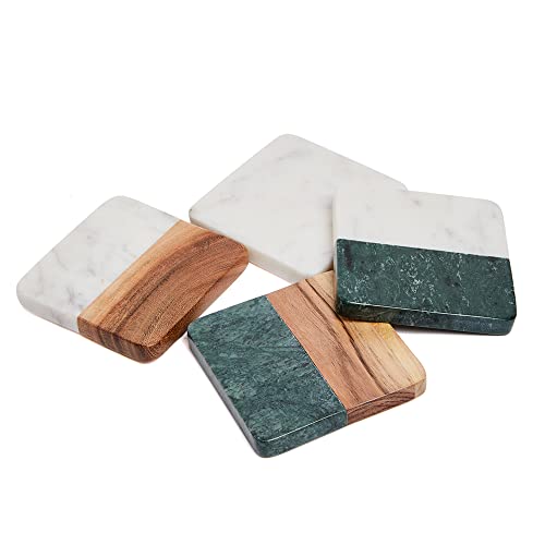 Lexi Home Green/White Genuine Marble & Wood Coasters, Round Coaster Set For Coffee Bar & Kitchen Table, Drinks Holder, Holds Standard Tea Cup, Mug, Wine Glass, & More, Modern Home Decor (4 Pk X 4 In) #TOP7