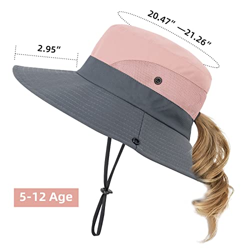 Kids Sun Hat with Ponytail Hole UV Protection Wide Brim Summer Beach Bucket Cap Fishing Hat for Girls4