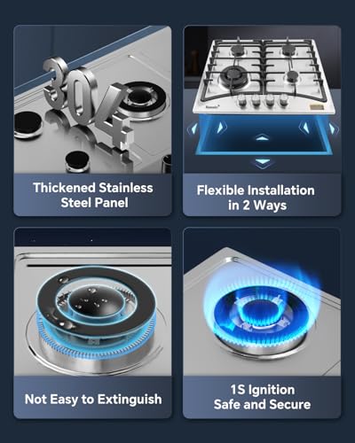 Image of Ranein 34 Inch 5 Burner Gas Cooktop, NG /LPG Convertible Gas Stove Top, 304 Stainless Steel with Thermocouple Flameout Protection for Kitchens, Apartments, RVs
