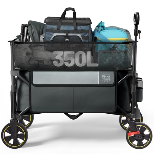 Timber Ridge 350L Extra Large Collapsible Folding Wagon Carts with Brake, Heavy Duty Outdoor Camping Utility Wagons with Extended Height, Adjustable Handle, Cup Holders, Side Bag (Gray)