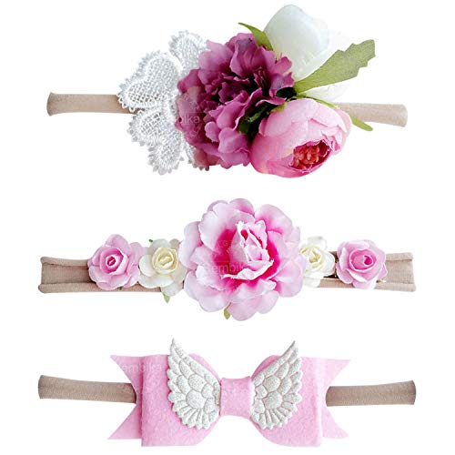 Image of Bembika Pink Floral Headbands Hair Bows Elastic Bands for Baby Girl's (Set of 3)
