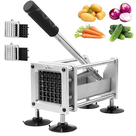 French Fry Cutter, Professional Potato Cutter Slicer, Stainless Steel Blades with 1/2 Inch & 3/8 Inch Blade, Great for Potatoes Carrots Cucumbers