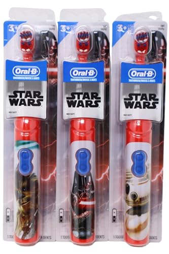 Oral-B Lot de 3 brosses à dents à batterie pour enfant avec minuteur avec personnages Star Wars de Disney, rouge, lot de 3, Chewbacca, Dark Vador et BB-8