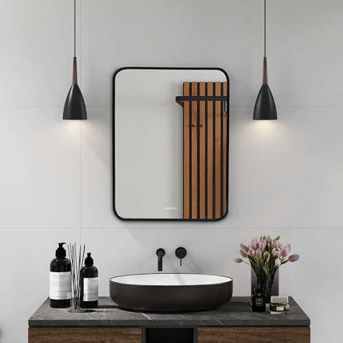 Image of Plantex Aluminium Frame Bathroom Mirror for Wall /Wall Mount Mirror for Bedroom /Dressing Room /Living Room /Entryway - Shatterproof Mirror (18x24 Inch-Brushed Black /Rectangle)