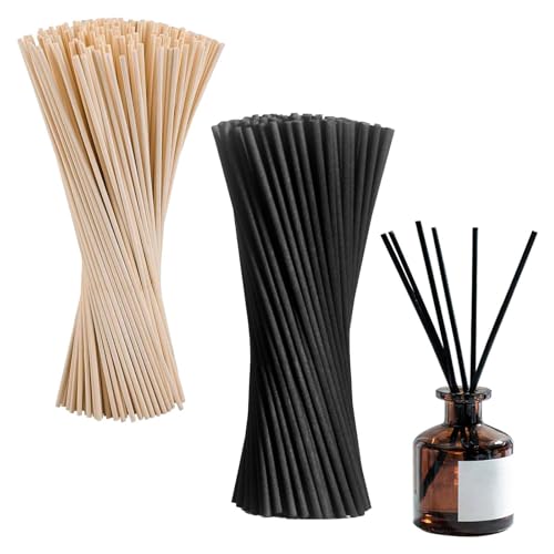 Henyall 100pcs Reed Diffuser Sticks, Natural Rattan Sticks for Home Office Fragrance,Thick Diffuser Reeds,Diffuser Refills,Black & Natural Wood Color Essential Oil Aroma Diffuser Replacement (3x200mm)