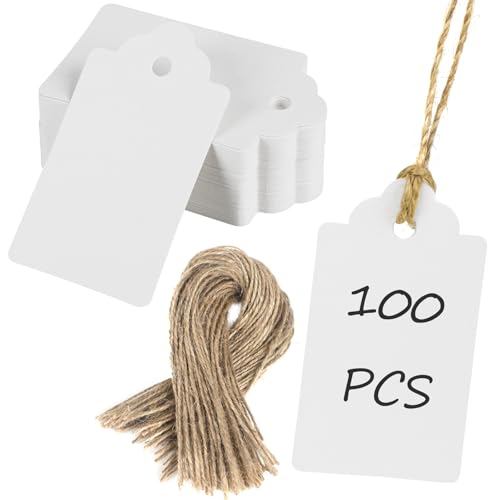 Uniclife 100 Pcs White Paper Tags with String Writable Cardstock Price Tags with Jute Twine Hang Tag for DIY Crafts Clothing Christmas Wedding Birthday Blank Merchandise Marking Tag, 2 3/4" x 1 1/2"