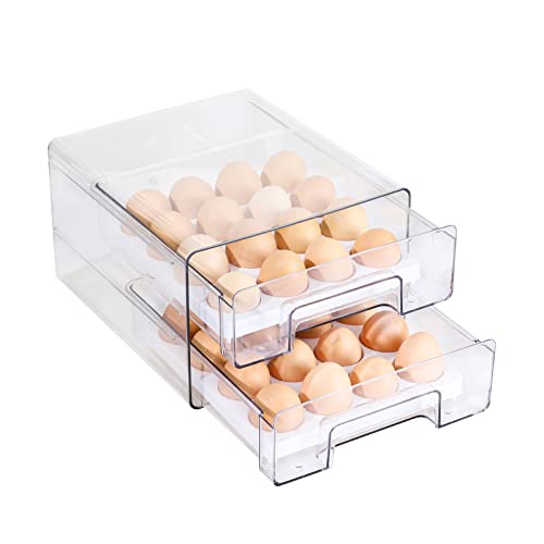YCOCO Eierhalter für Kühlschrank, 32 Gitter, große Kapazität, doppellagige Schubladentyp, stapelbare Eierkartons, multifunktionaler Aufbewahrungsbehälter, mit herausnehmbarer Eierablage, transparent Cover
