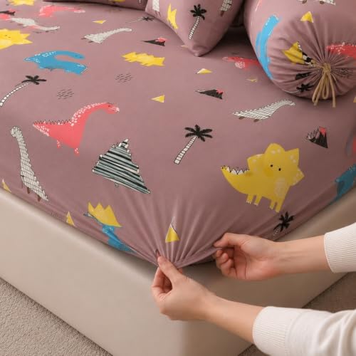 Image of Filymore Kids Brown Dinosaur Elastic Fitted Diwan Set with 1 Fitted Diwan Sheet, 5 Cushion Covers & 2 Bolster Covers | Soft Microfiber Animal Print Diwan Cover Set for Kids Room & Living Room
