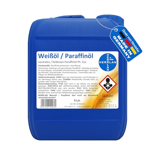 HERRLAN® Aceite de parafina Ph. Eur. 5 litros – Aceite blanco – grado médico – incoloro, inodoro y líquido fino – BAuA N 111510 – Industria y tecnología – Fabricado en Alemania