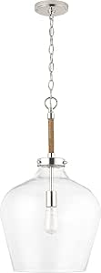 Austin Allen 9F371A Boland Urban/Industrial Clear Seeded Glass Pendant Light Fixture with Handwoven Jute Rope Detail, 1-Light 100 Watt, 25" H x 14" W, Polished Nickel