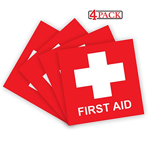 First Aid Sticker, First Aid Decal, Emergency 4 X 4 Inches, First Aid Sticker For Box, Emergency First Aid Kit Signs Stickers, Water Resistance, First Aid Sign, Indoor & Outdoor (4-Pk) #TOP1