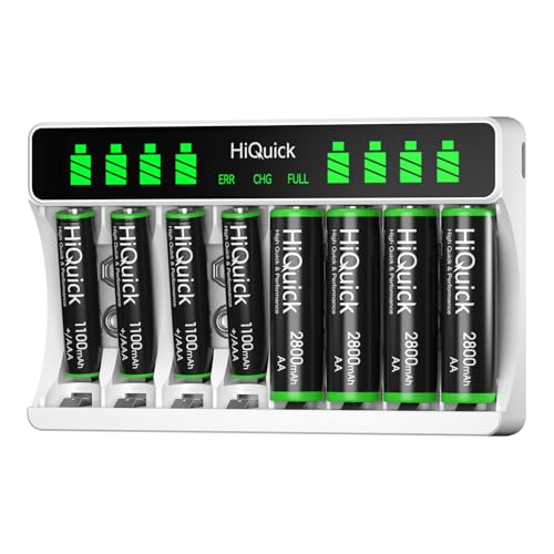 HiQuick 8-slot AA AAA LCD Battery Charger, 5V 2A Fast Charging Function, Type C Input with 4 x 2800mAh AA and 4 x 1100mAh AAA NI-MH Rechargeable Batteries, Battery and Charger Set