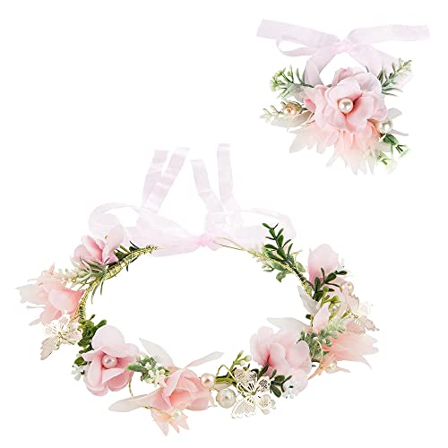 ZOOMPIL Blumenkranz Blume Krone Stirnband, 2Pcs Perlen-Brauthaarschmuck mit Blumenarmband, Blumen Stirnbänder Kopfschmuck Haarbänder Floral Girlande,Damen Mädchen für Hochzeit Strand Party
