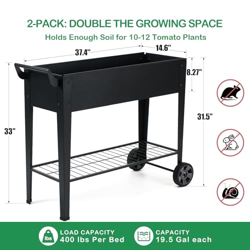 Image of 2-Pack 32 inchHeight Elevated Raised Garden Bed with Wheels & Storage Shelf, 400 Lbs Capacity, Anti-Rust, Space-Saving Planter for Vegetables, Herbs, Patio, Balcony, Backyard